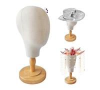 TINGSING Canvas Wig Head Stand with Detachable Wood Stand - Great for Hats, Caps Display and Wig Making, 21Inch Mannequin Head Block, Dome Model Head, Helmet Jewelry Glasses Headband Display, Beige