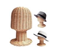 TINGSING Rattan Mannequin Head Stand Hat Wig Display Holder, Hair Stylist Demo Cap Rack, Handmade Wicker Showcase, Unique Vine Woven Design for Home, Hair Salon, Stable Round Base, Tall 10.6inch