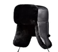 Tingyilan Black,Russian Soviet Ushanka Cossack Aviator Bomber Hat Winter Fur Earflap Cap, Faux Fur & Faux PU Leather Trapper Hat Windproof Hunting Ski
