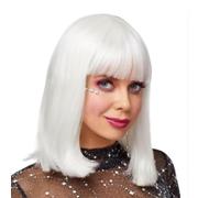 Tingyilan Glow in The Dark Wig, Natural Short Straight Wigs Flat Bangs Glowing Wigs, Colorful Luminous Cosplay Wig for Neon Party Favors Halloween,White