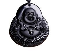 Tingyilan Laughing Buddha Black Obsidian Strength Protection Pendant Necklace,Black