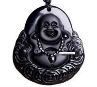 Tingyilan Natural Black Obsidian Crystal Buddha Strength Protection Amulet Lucky Charm Pendant Necklace,Style S