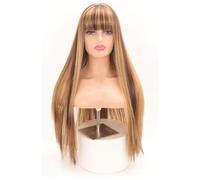 Tingyilan Women's Long Mixed Blonde Highlighted Straight Wig with Bangs, Synthetic Middle Part Wigs for Party Cosplay Halloween Anime Carnival Fancy Dress
