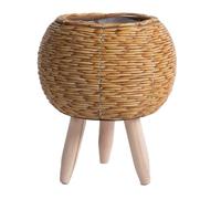 Tingzhou Vintage Imitation Rattan Woven Flower Shelf Handmade Storage Basket with Wooden Legs Plant Pot Stand Holder Easy to Use,A
