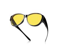 TINHAO Night Vision Fit Over Sunglasses - Glossy Black Oversized Wrap Around for Prescription Glasses - Anti-Glare Yellow Lens for Night Driving Men Women