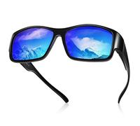 TINHAO Polarised Sunglasses Fit Over Glasses Wrap Around Over Sunglasses for Prescription Glasses Wearers UV Protection(Glossy black frame/mirror blue lens)