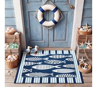 Tinideya 2 Pcs Fish Nautical Door Mat Outdoor Summer Front Doormat Navy Blue Coastal Fish Layered Welcome Rug Lake Beach House Decor Non Slip Floor Mats for Front Porch Entryway Indoor Outside