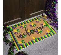 Tinideya 2 Pcs Spring Easter Doormat St Patrick's Day Outdoor Door Mat Non Slip Mardi Gras Flower Shamrock Bunny Welcome Coir Floor Mat for Front Porch Entryway Decor(Mardi Gras)