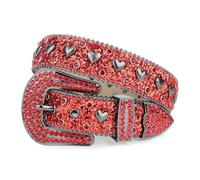 TINIDI Men Women Rhinestone Belt Western Bling Heart Crystal Diamond Studded Leather Belts for Jean Pants, All Red, Fit Waist 29-35inch