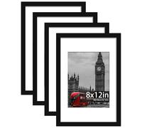 Tinkeps 4 Pack 12x8 Black Picture Frame, Engineered Wood and Plexiglass, 8x12 Photo Frame with Mount for 6x8 inch Prints, Photos, and Posters, Tabletop and Wall Mountable