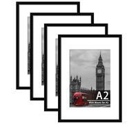 Tinkeps 4 Pack A2 Black Picture Frame, Engineered Wood and Plexiglass, A2 Frame with Mount for A3 Prints, Photos, and Posters, Wall Mountable