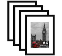 Tinkeps 4 Pack A4 Black Picture Frame, Engineered Wood and Plexiglass, A4 Frame with Mount for A5 Prints, Photos, and Posters, Tabletop and Wall Mountable