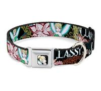 Tinker Bell Sketch Full Color Black Seatbelt Buckle Collar - Tinker Bell Floral Collage CLASSY AND SASSY