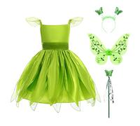 Tinkerbell Costume Kids Girl Tinker Bell Fairy Deluxe Green Tutu Dress Halloween Christmas Birthday Party Cosplay Fancy Dress Up with Butterfly Wing Headband Magic Stick Carnival Outfit Green 7-8Y