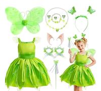 Tinkerbell Costume Set, Fairy Princess Fancy Dress Up with Green Dress Wings Butterfly Headband Magic Wand Elf Ears Flower Bracelet Necklace Earrings Ring Bracelet for Birthday Carnival Halloween