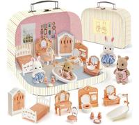 TinkerPlay Suitcase Dollhouse Set for Kids, Portable Miniature Dollhouse with 2 Flexible Dolls, Bedroom & Bathroom Furniture, Pretend Play Set Christmas Birthday Gift for Girls & Boys Age 3+