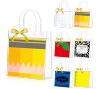 Tinlade 24 Sets Back to School Gift Bags Teacher Clear Plastic Bag with Handle Apple Notebook Composition Book Pencil Crayons Pattern PVC Treat Goodie Transparent Bags for First Day of School