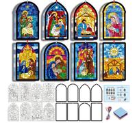 Tinlade 32 Set Nativity Scene Suncatchers Craft Kit Jesus Suncatcher Crafts with Tissue Paper DIY Window Stained Glass Religious Hanging Ornaments Christmas Winter School Classroom Activities