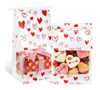 Tinlade 50 Pcs Valentine's Day Bakery Bags Heart Pattern Gift Bags with Window, Treat Pouches with Tie Tab Lock for Candies, Cookies, Wedding Valentines Party Favors, 9.4 x 5.1 x 3.9 Inches