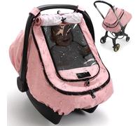 TinlyFinly Waterproof Car Seat Cover for Baby, 2-Layer Car Seat Rain Cover with Clear Window & Sunshade & Mesh Cover, Universal Infant Carseat Canopy for Stroller, Protect from Rain and Snow - Pink