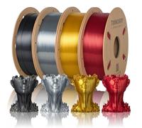TINMORRY PLA 3D Printer Filament Bundle, Silk PLA Filament 1.75 mm, 3D Printer Filament 750 g x 4 Colors Pack, Gold+ Silver+ Red+ Iron Black, Net Weight 3 kg
