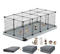 Tinnmao 20 Panels Small Animal Playpen with Roof, Waterproof Base Mat + 2PCS Washable Pee Pads, Indoor Denser & Thicker C&C Grid Cage for Guinea Pigs Rabbit Puppy Kitty Accessories (Black Metal Frame)