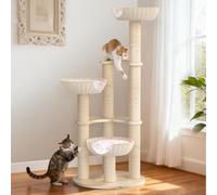 Tinnmao Modern Aesthetic Solid Wood Cat Tree, 60'' Wooden Cat Tower for Large Cat, Natural Sisa Wrapped Scratching Post Hand-Woven Rattan Nest, Luxury Plush Cushion