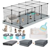 Tinnmao Rabbit Starter Kit, 20 Panels Small Animal Playpen with Top Cover, Waterproof Base Mat + 2PCS Washable Pee Pads, Indoor C&C cage for Guinea Pigs Rabbits Bunny Accessories (Black Metal Frame)