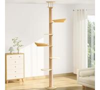 Tinnmao Solid Real Wood Floor to Ceiling Cat Tree, 6 Level Adjustable Height (7.4-8.8 ft), Modern Climbing Tower with Thickened Wooden Sisal Scratching Posts & Cozy Bed for Indoor Cats Large Adult
