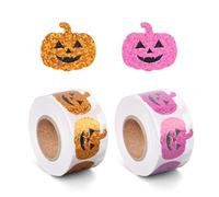Tinoaly 1000pcs Halloween Pumpkin Stickers, 2 Rolls Glitter Pink & Orange Sparkly Pumpkin Face Shaped Waterproof Self-Adhesive Labels Decal for Kids Crafts Envelopes Party Favors & Scrapbooking