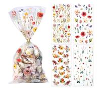 Tinoaly 100pcs Wildflower Candy Cookie Bags, 4 Styles Plastic Floral Spring Goodie Gift Treat Goody Bags with Twist Ties Flower Party Favor Decorations for Birthday Wedding Party (Clear)