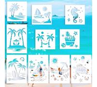Tinoaly 10pcs Summer Beach Stencils, Reusable Ocean & Sea Life Patterns for Painting Marine Creatures Turtle Sunshine Beach Great for Creative Projects and Artworks