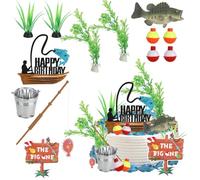 Tinoaly 13pcs Fishing Cake Topper, Fishing Birthday Party Decorations with Seaweed Bucket Fish Happy Birthday Cake Decor for Theme Party Supplies Retirement Celebrations