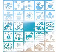 Tinoaly 24pcs Summer Stencils for Painting, 8x8in Reusable Beach Ocean Themed Template with Coconut Watermelon Whale Tropical Styles for Wood Rock Canvas DIY Crafts