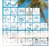 Tinoaly 30pcs Summer Painting Stencils, 5x5in Reusable Ocean & Beach Stencils for Wood Rock Canvas Crafts DIY Art Projects with Tropical Themed Sea Life & Palm Tree Designs