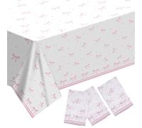 Tinoaly 3pcs Pink Bow Table Cloth, Rectangle Plastic Table Covers Tablecloth Coquette Birthday Party Decorations Waterproof Cute Bow Table Runner Decor for Bridal Baby Shower Bachelorette Party Favor