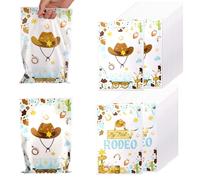 Tinoaly 50pcs Cowboy Party Favor Bags, Plastic Cowboy Goodie Bags with Handles Western Theme Candy Bag Birthday Party Gift Treat Organizer for Boys Kids My First Rodeo Baby Shower Supplies