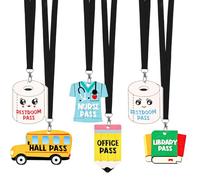 Tinoaly 6 Sets Hall Pass and Lanyards Set, Wooden School Passes Cute Bathroom Passes for Classrooms Hall Restroom Nurse Office Library Pass Teacher Supplies Gifts