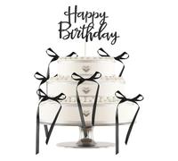 Tinoaly 6pcs Bow Cake Toppers with 1pcs Happy Birthday Cake Insert, Bow Ribbon Coquette Birthday Decorations for Cupcake Perfect Wedding Themed Parties Bowknot Decor(Black)