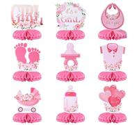 Tinoaly 9pcs Honeycomb Baby Girl Shower Decorations, Pink Honeycomb Baby Shower Centerpieces, Floral Designs Pregnancy Announcement Table Toppers for Welcome Newborn Girls Gender Reveal Party Supplies