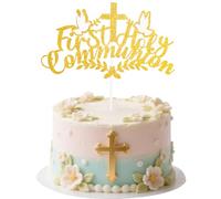 Tinoaly First Holy Communion Cake Topper, Paper Christening Baby Shower Party Decorations My First Communion Cake Decor Confirmation Party Supplies Holy Celebration (Gold Glitter)