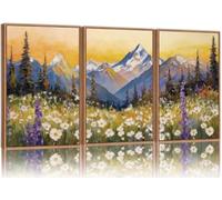 Tinonedraw Boho Mountain Framed Canvas Wall Art, Vintage Sunset Floral Wall Decor, White Daisy Flower Meadow Artwork, Modern Pine Tree Forst Art Painting for Living Room Bedroom Office Cabin 16"x24"x3