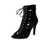 TINRYMX Women's Ankle Dance Boots Open Toe Lace up Latin Salsa TangoParty Ballroom Dance Shoes,J26-Black-3.75 Inch,7.5 UK