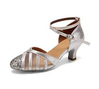 TINRYMX Women's Latin Dance Shoes Sequin Netting Salsa Practice Tango Ballroom Dance Shoes,4.5UK