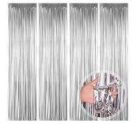 Tinsel Curtains, 4 Pack Silver Foil Fringe Shimmer Curtain Tinsel Backdrop for Party Photo Booth Backdrop Wedding Birthday Party Door Windows Decorations (1m x 2m)
