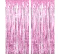 Tinsel & Foil Fringe Curtains Backdrop-Pack of 2 | 3.2ft x 6.5ft Metallic Foil Fringe Streamers for Birthday, Wedding, New Year’s Eve, Halloween, Photo Booth & Party Decorations with Clear Tape (Pink)