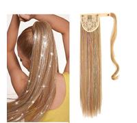 tinsel hair extensions braun, 22Inch Long Straight Wrap around Ponytail Extensions Natural Soft Synthetic Pony Tail Hairpiece for Women Girls (#27 Strawberry Brown）