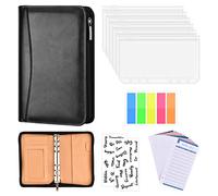 Tinsellns A6 Budget Binder with Cash Envelopes Budget Planner, Leather Ring Binder Notebook with 6PCS A6 Zipper Storage Bag, 12PCS Expense Budget Sheets, 2Pcs Letter Sticker Labels, Black