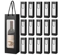 TINSKY 12Pcs Wine Gift Bags with Handle for Wine Bottles Clear Window Wine Bags Reusable Wine Bags Bulk for Christmas Anniversary Birthday New Year Party (Black)