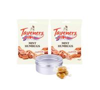 TinTastic Bundle with Taveners Mint Humbugs x 2 x 165g Bags and Silver Refillable On-the-Go Sweets Tin